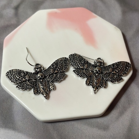 Silver Skull Moth Drop Earrings - Picture 10 of 15